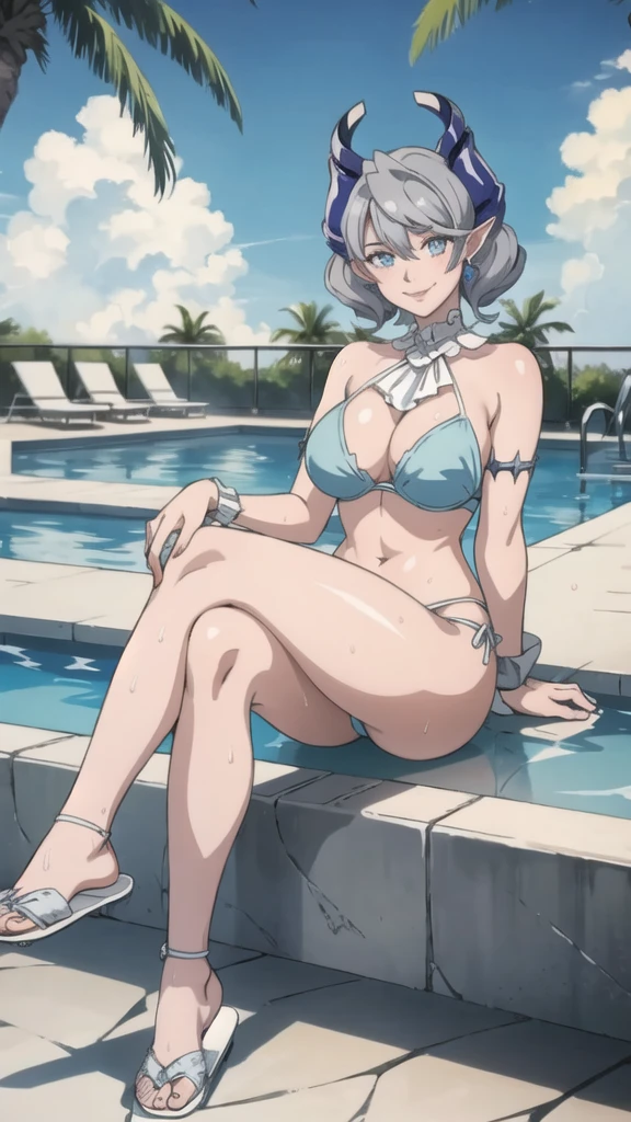 　3 girls High level image quality　best image quality　8K　 adult woman    pool party  rain　palm trees  more colors   whole body view　portrait　mix color bikini   　horn    ears  　short hair（（shortcut）（gray hair）（perm）（fluffy））　eye color is blue ,  , 　attractive evil face , smile   ,  sexy pose   ,  labrynth ,  barearm     , sittings  by the pool , crossed legs  , all wet , view foot arc , view sexy slippers  , fix toes 