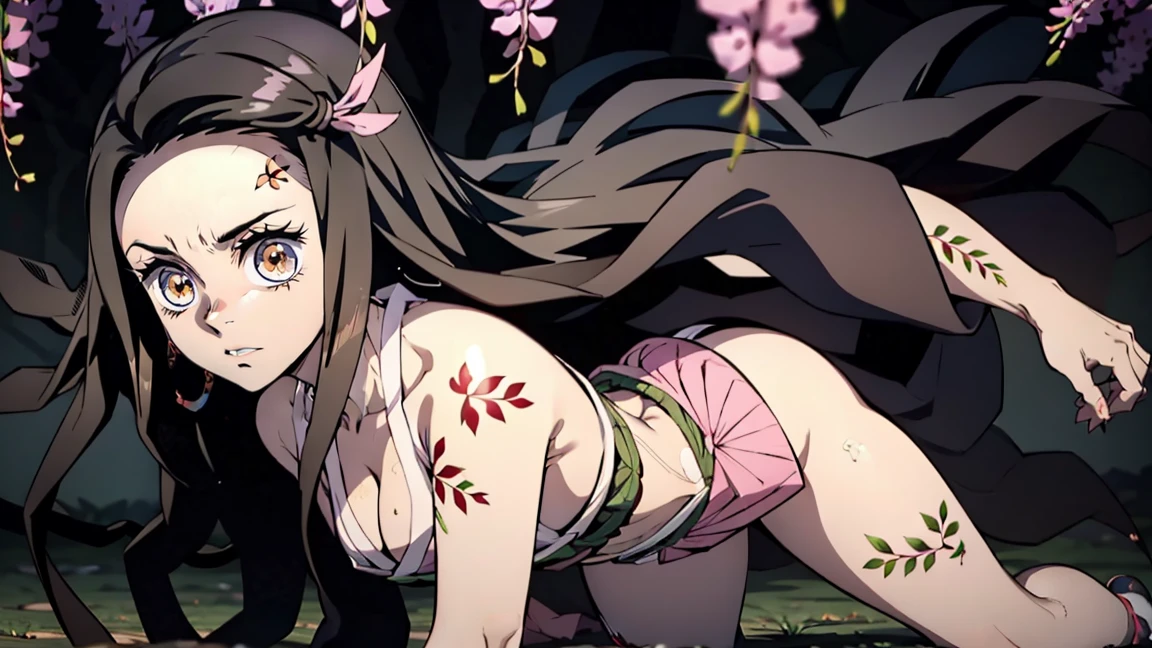 woman, adult girl, real photos、smile, girlка демон, crying, Focus on the eyes, tears of joy, stupidly, night, grin, демоническая smile, angry, beautiful, Ослепительная smile, very sweet, Kimano, girl, top quality изображения、character design of Nezuko from Demon Slayer, chedevr, (pink kimono),  face, kamado stupidly、Demon kamado stupidly、ancient japan, charm of kamado stupidly, leaf tattoos, tattoos pierce the whole body, 、open 、finely detail, chedevr, shining eyes, 1girl in, Dark-haired, , kamado stupidly, wisteria background, chedevr, top quality, 