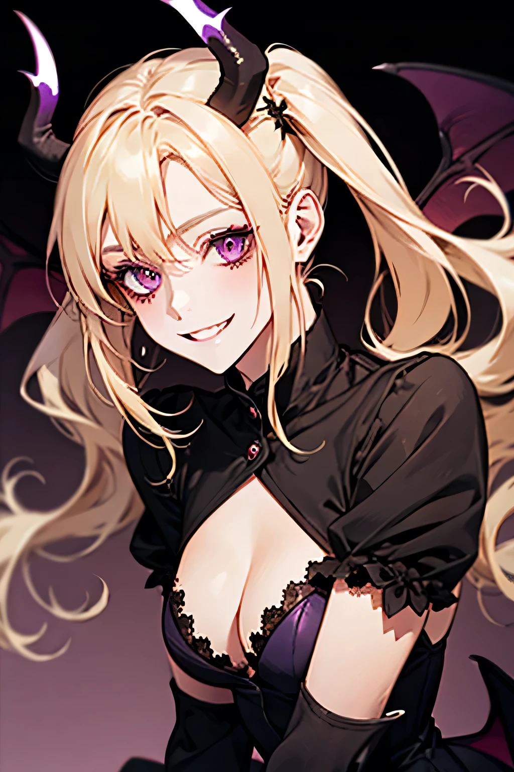 Succubus,Twin tails,Provocative smile,Blonde,Purple devil wings,One devil's tail. Full moon in the background.