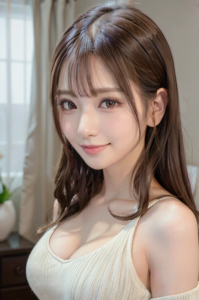 1girl in、Beautiful woman with accentuated slim abs:1.3、(Colossal tits:1.2)、Western-style room、Chic room、Soft breasts、Exposed cleavage、Sweaters、8K、Raw photo、​masterpiece、absurderes、top-quality、Best Illustration、hight resolution:1.1、The ultra-detailed、portlate、hyper realisitic:1.4、sharp focus:1.4、realisitic、Photorealsitic:1.3、Cinema Lights、Film grain、masutepiece、a closeup、full body Esbian、depth of fields、eyes focus、looking at viewert、Beautiful detailed eyes、young、85mm lens、F/1.4、professionally lit、portlate、Photon mapping、Radio City、physically-based renderingt、Transparency、Glossy skin、Soft light、Lifelike face、Realistic body、real looking skin、pale skin、well-styled、japanes、heart-shaped lip、eye shadow、Pink blush、makeups、camel's toe、long legged、pureerosface_v1:0.8、Floating hair、Unkempt hair、NovaFrogStyle、egyosar:1、Puffy eyes、Purple Eye、with round face、bangss、bokeh dof:1.2、dynamicposes、(Hairstyles tailored to Japan trends in 2023、cute little:1.5、a blond、Bun head、bangsouth closed、A sly smile:0.2、Relaxing Pose)