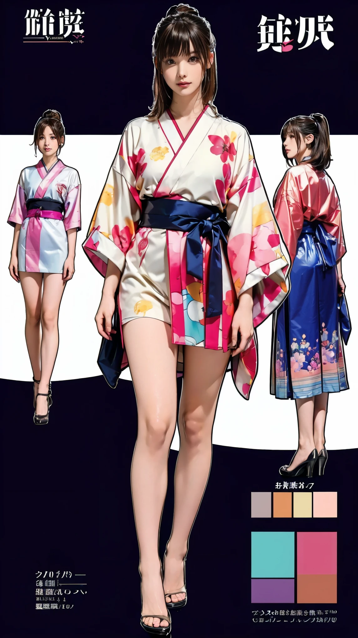 ((masterpiece)),(((Highest quality))),((Character design sheet)),Thin thighs,Long legs,Japanese Yukata:1.5,Stylish sandals:1.5,The best smile:1.5,Full Body Shot:1.5,Fireworks background:1.5,Flashy makeup with red eyeshadow:1.5,Bun Hair:1.5,Have a fan:1.5,