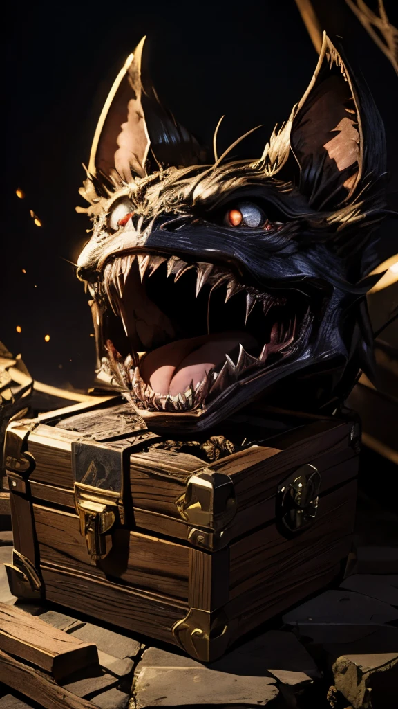 An anime-style drawing of a Mimic from japanese RPG, appearing as a treasure chest with a sinister grin, sharp teeth, and a protruding tongue. The background shows an ancient dungeon with dim lighting and cobwebs in the corners.