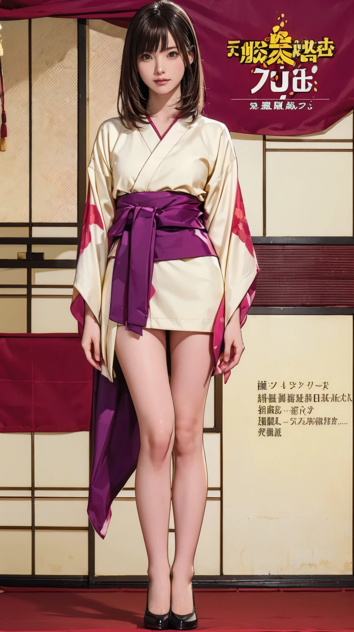 ((masterpiece)),(((Highest quality))),((Character design sheet)),Thin thighs,Long legs,masterpiece, Colorful Japanese Kimono, woman, 30 years old, 