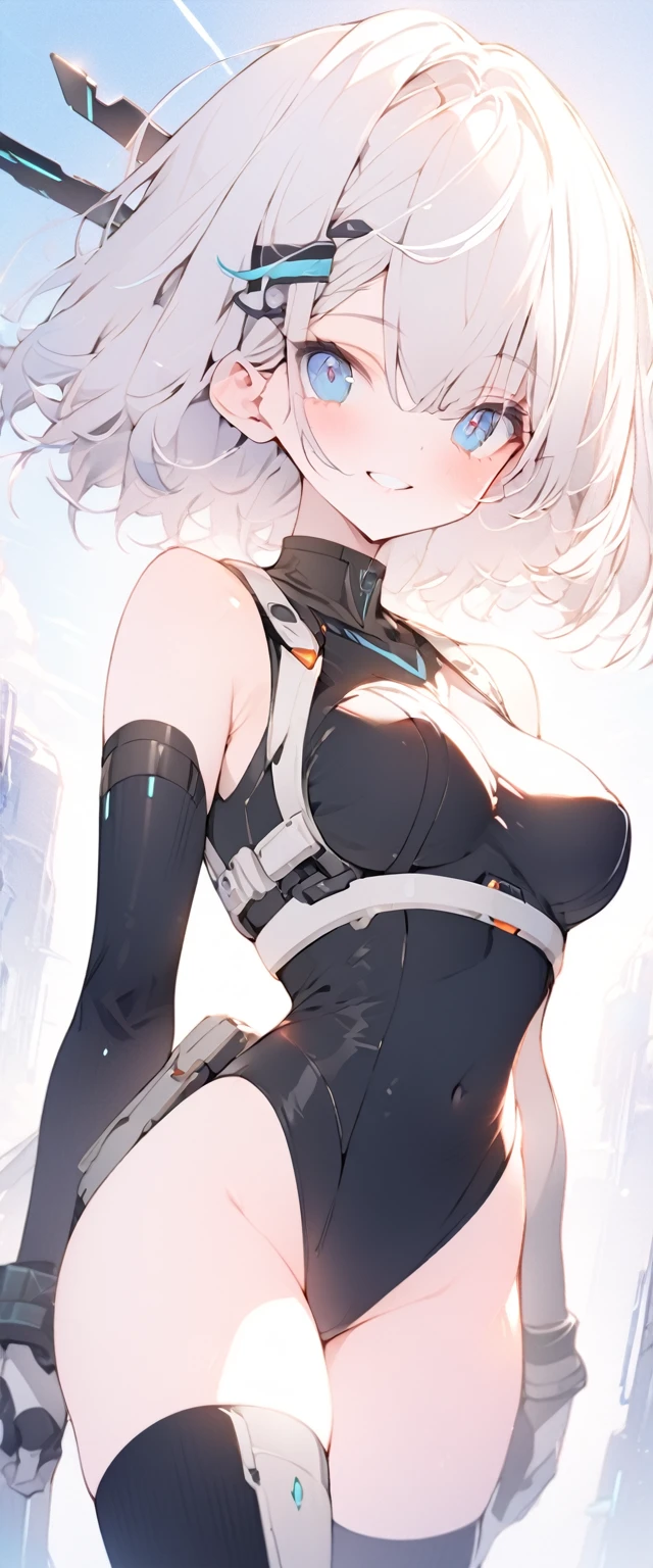 beautiful, masterpiece, Highest quality, anime, One girl, C Cup,Portrait Shot, View your viewers, Covered、Short Hair、nearby、Blue Eyes、art、、White hair,Blue streaked hair、wallpaper、hairpin、Cute smile、Thighs、、Sci-fi hair accessories、Sci-fi knee-high boots、Cute、Sci-fi underskirt、Sci-fi combat uniform、blue sky、Beautiful breasts、Sci-fi body harness、