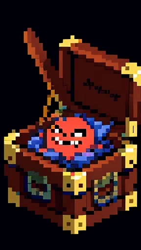 An anime-style drawing of a Mimic from japanese RPG, appearing as a treasure chest with a sinister grin, sharp teeth, and a protruding tongue. The background shows an ancient dungeon with dim lighting and cobwebs in the corners.