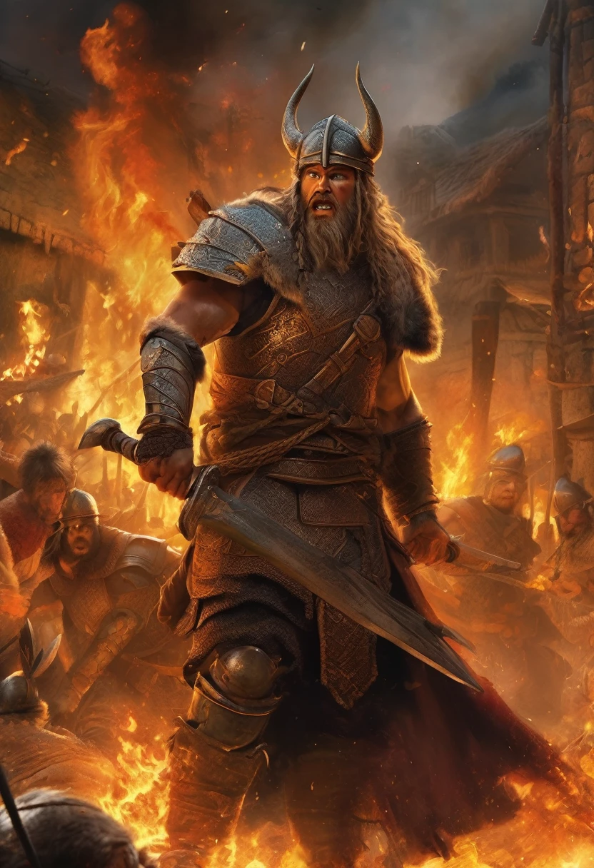 (Award-winning masterpiece:1.5), (incredible detail), (hyper realistic:1.4), (whole body:1.7), (village engulfed in flames), (brutal creature rampaging through the streets), (viking warriors engaging in combat), (swords clashing), (detailed depiction of fire and chaos), (dramatic lighting), (intricate details:1.1)