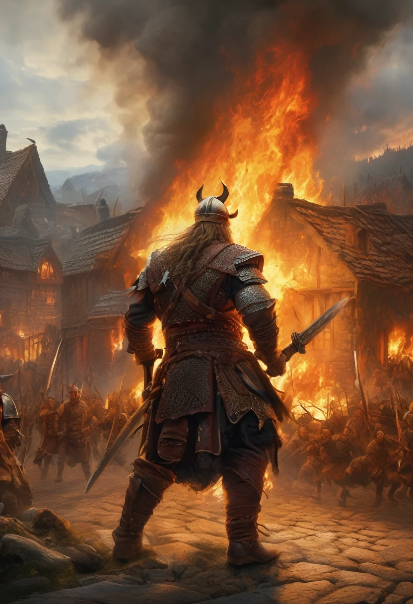 (Award-winning masterpiece:1.5), (incredible detail), (hyper realistic:1.4), (whole body:1.7), (village engulfed in flames), (brutal creature rampaging through the streets), (viking warriors engaging in combat), (swords clashing), (detailed depiction of fire and chaos), (dramatic lighting), (intricate details:1.1)