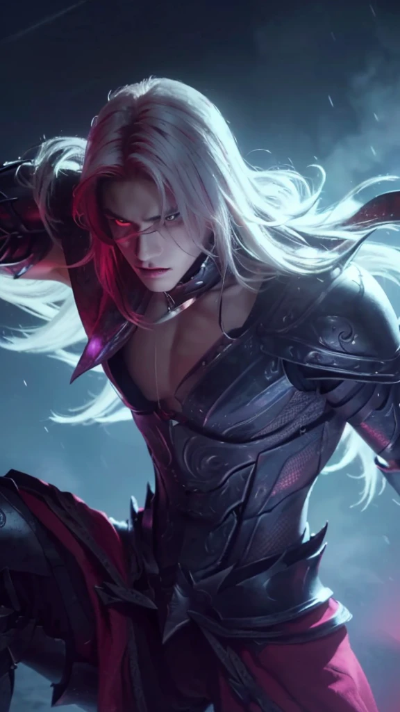 a handsome boy with striking white and red hair,wearing black fit armour,extremely detailed face,piercing eyes,sharp nose,sensual lips,chiseled jawline,muscular physique,son of sparda,photo-realistic portrait,dramatic lighting,cinematic composition,dark fantasy,moody atmosphere,rich color palette,masterpiece