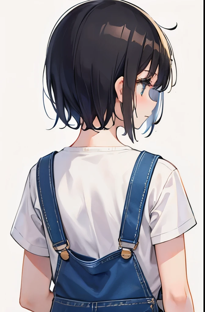 A girl wearing overalls. Back view. Short black hair.