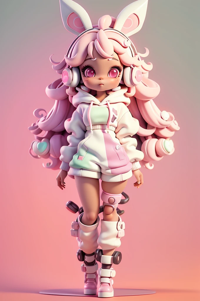  (full body);Create a series of cute black afro dolls chibi style afro skin; cyberpunk style; 3d; cute; 3d toy art; toy art; anime style; glitter; color pink; color white; Bunny details; cyberpunk details; robot limbs; wavy and curly hair; eyes must be large and apathetic, with long eyelashes and slightly pinkish cheeks; mechanical bunny eared headset; use all of the colors listed: pink, white, green, yellow, and orange; oversized cyberpunk hoodie; robot bunnies; mechanical boots;