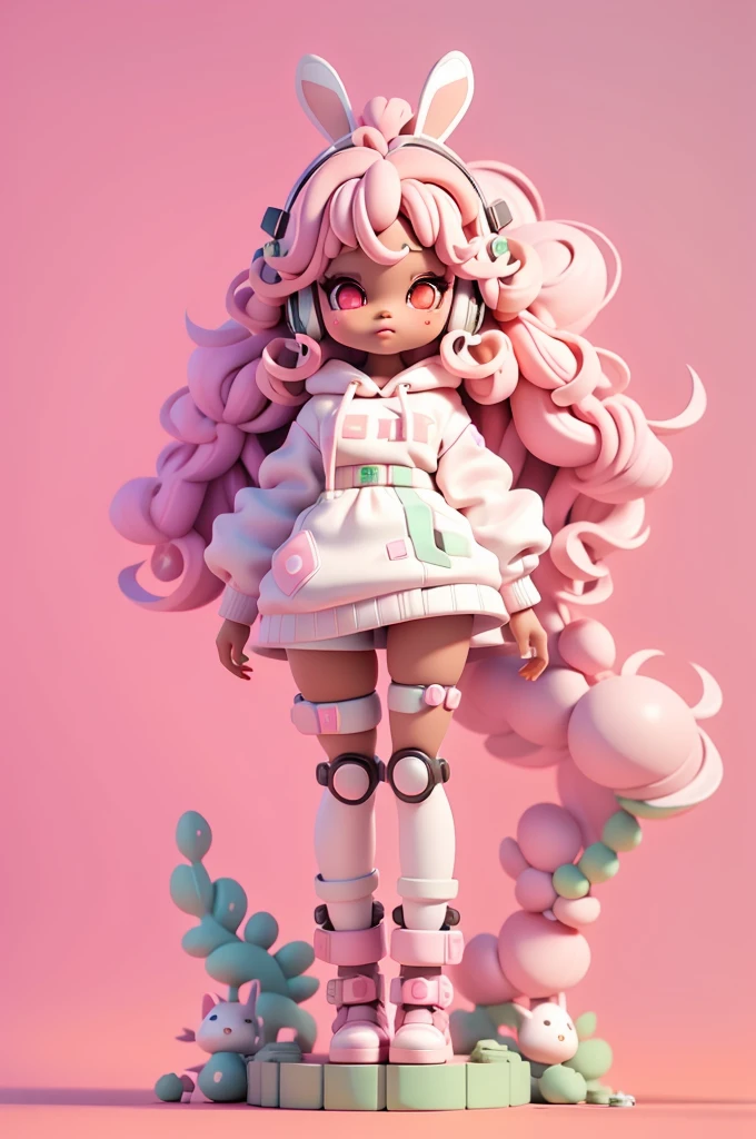 (full body);Create a series of cute black afro dolls chibi style afro skin; cyberpunk style; 3d; cute; 3d toy art; toy art; anime style; glitter; color pink; color white; Bunny details; cyberpunk details; robot limbs; wavy and curly hair; eyes must be large and apathetic, with long eyelashes and slightly pinkish cheeks; mechanical bunny eared headset; use all of the colors listed: pink, white, green, yellow, and orange; oversized cyberpunk hoodie; robot bunnies; mechanical boots;