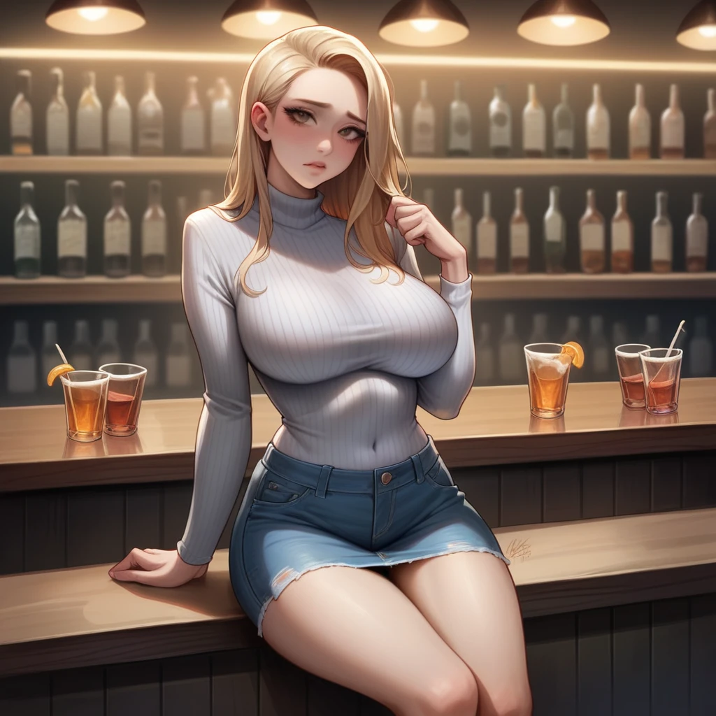 8k, best quality, realistic photos, realistic details, clear face, delicate  features, real skin shine, a cute girl, shy, facing the camera, girl sitting in a bar in a gray fishnet sweater and tight denim, clear bar background, sea view, arms on bar counter, hips, slim body, big breasts, 24 years old, charming,  eyes