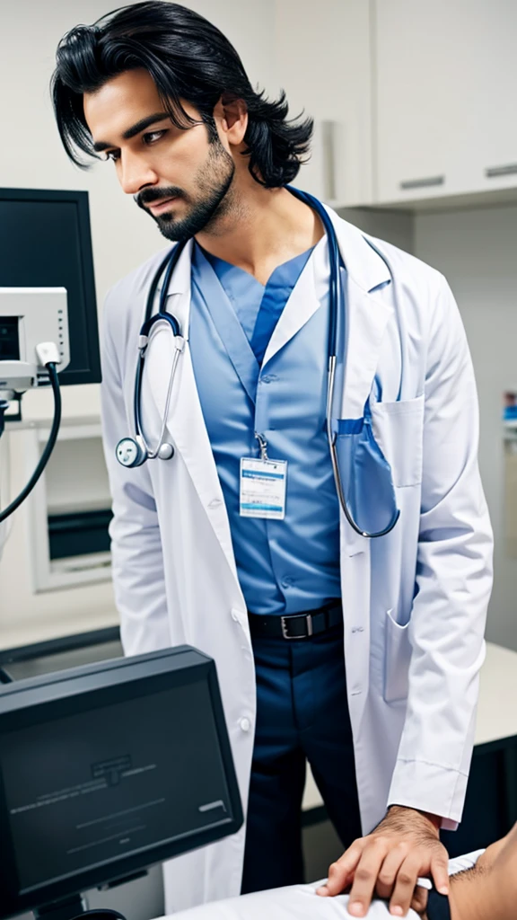 Attractive sexy male doctor with black hair and beard wearing buttoned down shirt and medical gloves