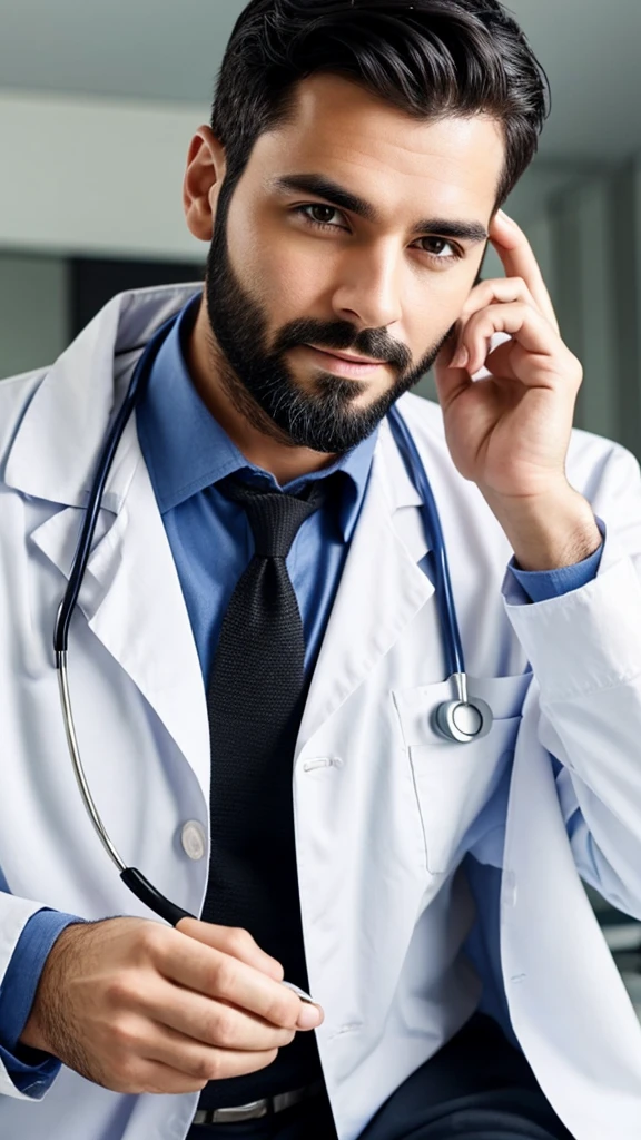 Attractive sexy male doctor with black hair and beard wearing buttoned down shirt and medical gloves