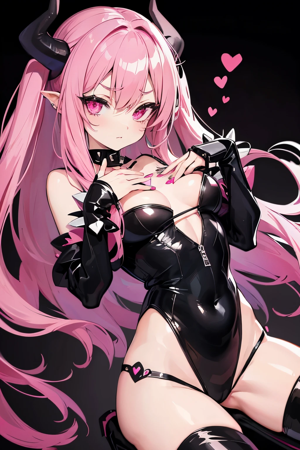 succubus girl, long black and pink split hair, pink heart eyes, heart eyebrows, cute expression, spiked choker, black , dynamic pose, high quality, masterpiece, 8k