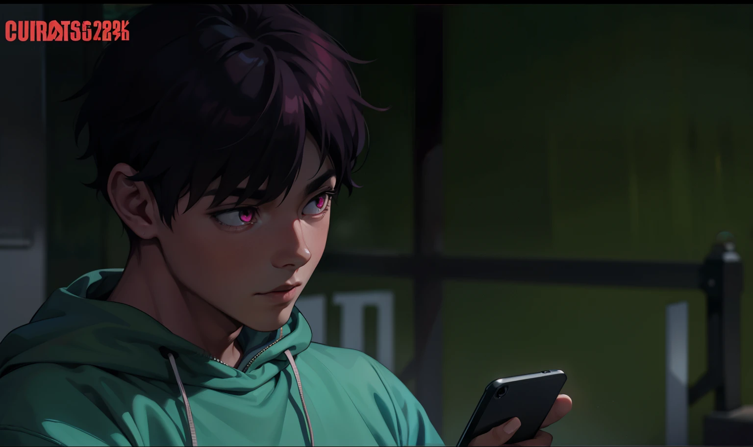 a cute young boy with pink hair pink eyes looking at his cell phone