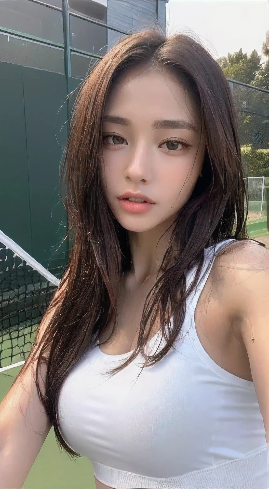 ((Highest quality, 8K, masterpiece: 1.3)), Beautiful woman, 1 female, huge: 1.3, Slim figure: 1.1, Toned Abs, Dark brown hair, (tennis, Wet body, tennis Uniform: 1.1), Ultra detailed face, Detailed lips, Fine grain, double eyelid, tennis Court