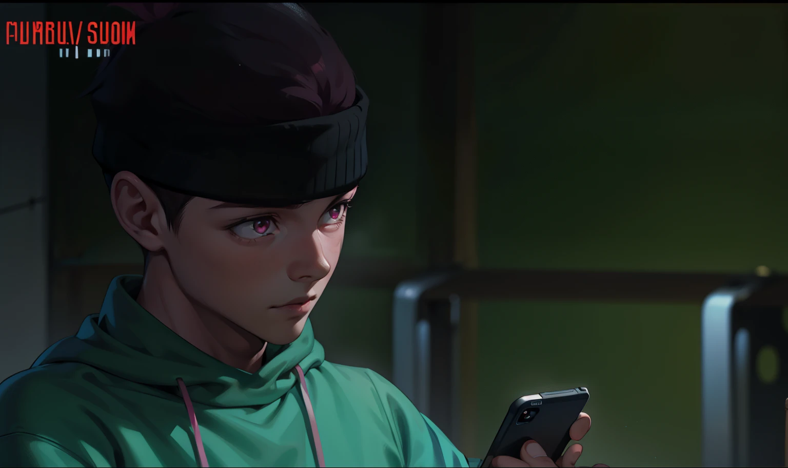 a cute young boy with pink hair pink eyes looking at his cell phone