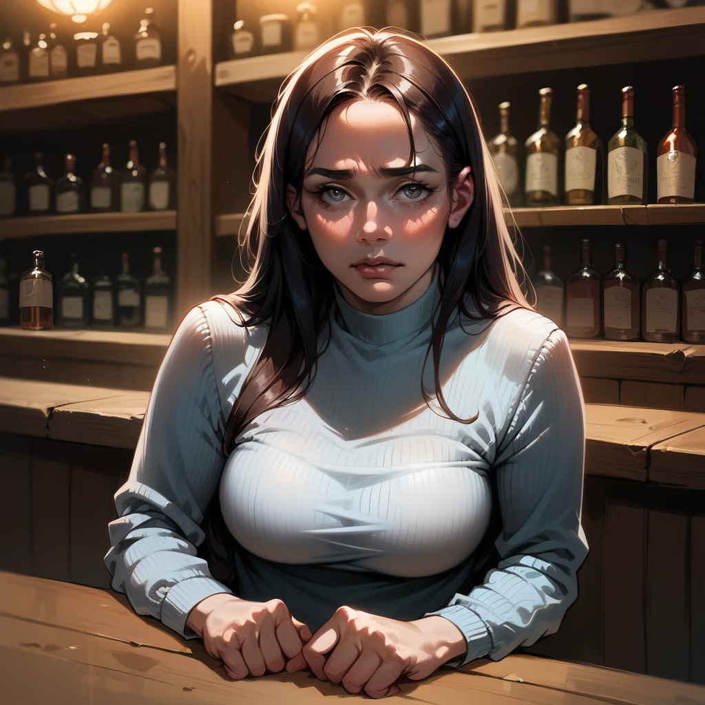 8k, best quality, realistic photos, realistic details, clear face, delicate facial features, real skin shine, a cute girl, shy, facing the camera, girl sitting in a bar in a gray fishnet sweater and tight denim, clear bar background, sea view, arms on bar counter, hips, slim body, big breasts, 24 years old, charming, seductive eyes
