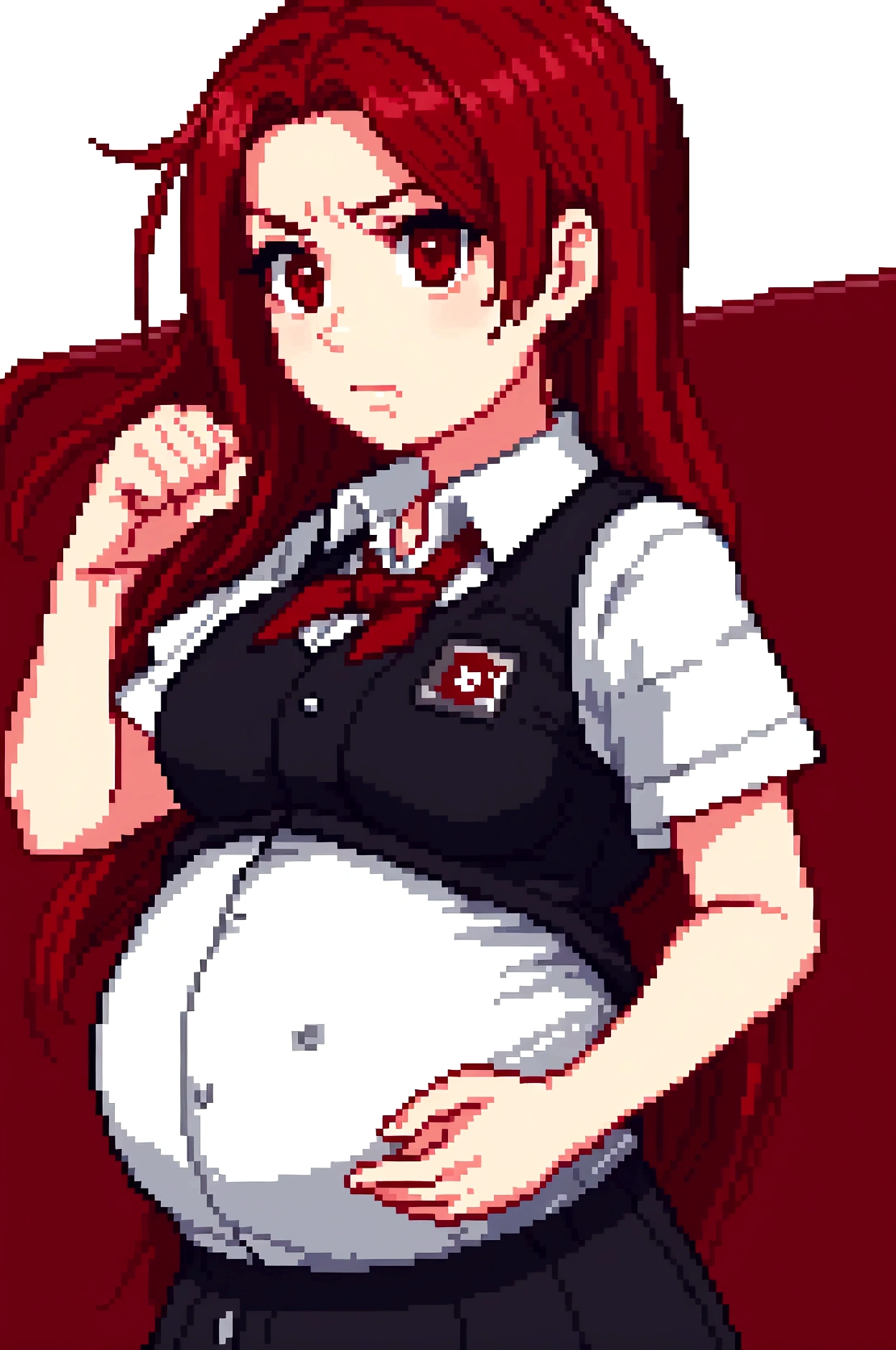 1 girl, pregnant, red hair, wearing dark red school clothes, red eyes, annoyed expression, right fist clenched upwards, classroom background