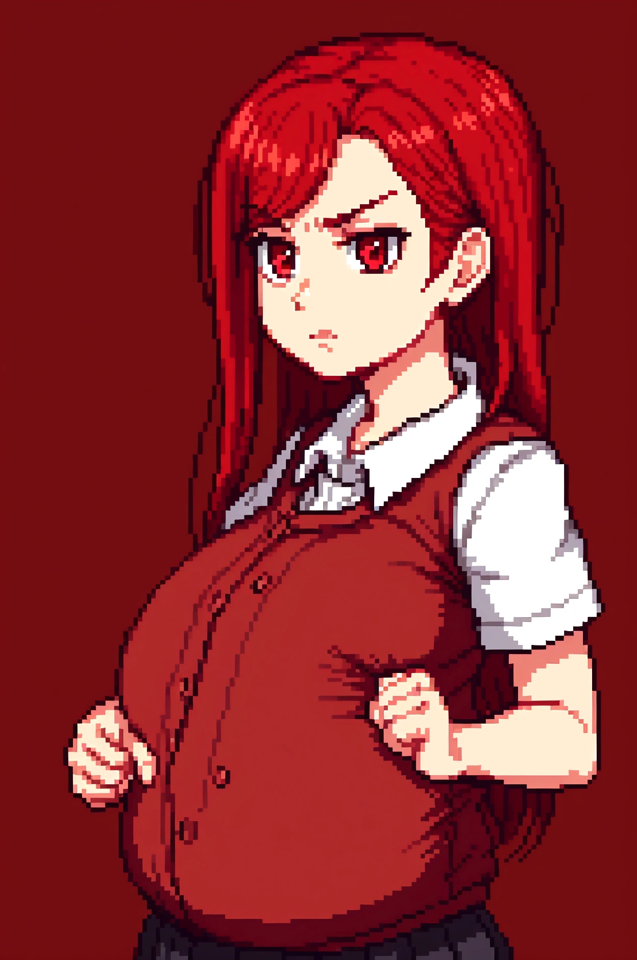 1 girl, pregnant, red hair, wearing dark red school clothes, red eyes, annoyed expression, right fist clenched upwards, classroom background