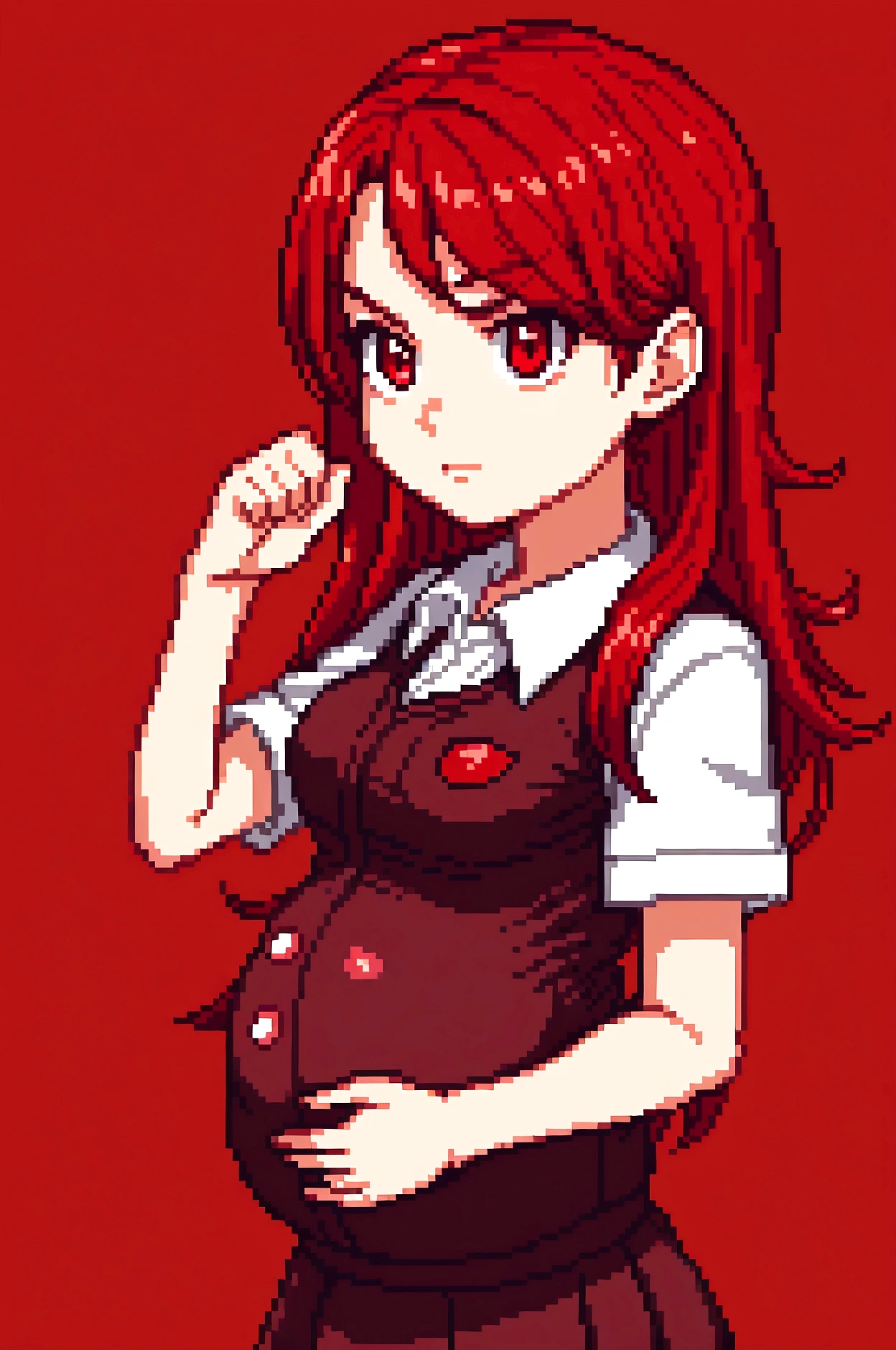 1 girl, pregnant, red hair, wearing dark red school clothes, red eyes, annoyed expression, right fist clenched upwards, classroom background