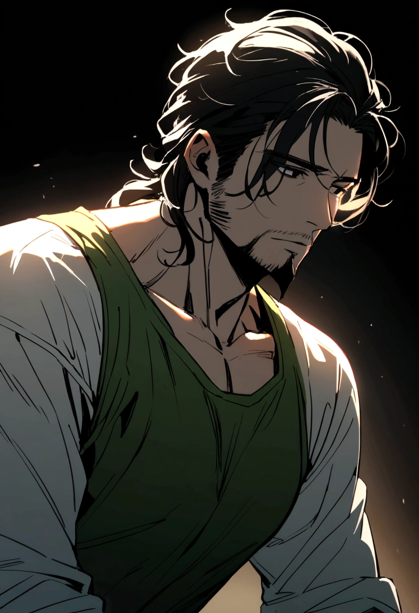 40 year old man, long black hair and slightly curly shoulder length, dull black eyes, goatee, green tank top, white shirt inside.