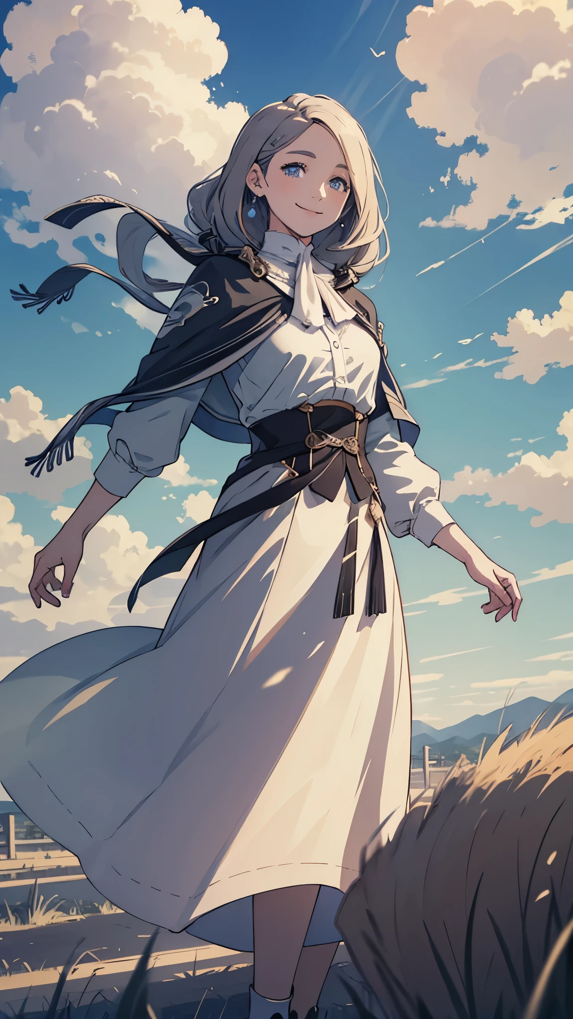 masterpiece, best quality, shawl, Hairpin,shirt,skirt, Sky, cloud, outdoor, Smile, Atmospheric perspective,Fashion pose