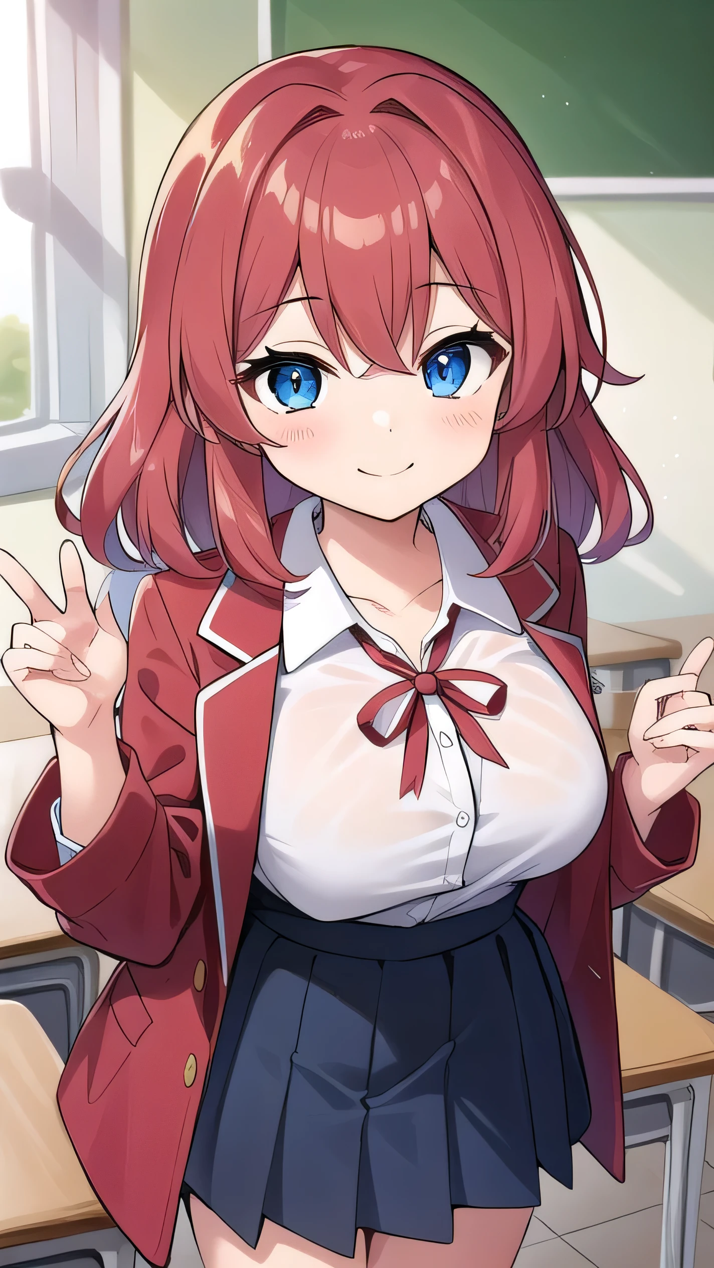 Big breasts, red hair, blue eyes, droopy eyes, red jacket, long sleeves, navy skirt, , super big breasts, (medium hair: 1), baggy clothes, elementary school studentt, 10 years old, old, shy Agari, smiling a little, trtton his shirt the classroom, white shirt, soft hair，straight hair  , gentle smile, a little smile