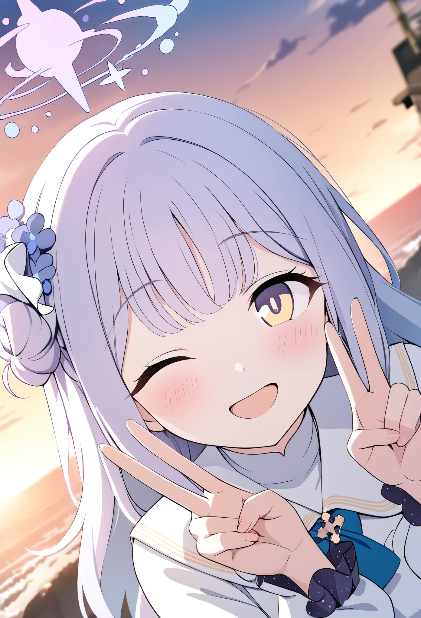 masterpiece,bestquality,1girl, mika\(blue archive\), blue archive, game cg, solo, double v, happy, (looking at viewer), one eye closed, upper body, spoken_heart, cinematic angle, depth of field, outdoors, sunset