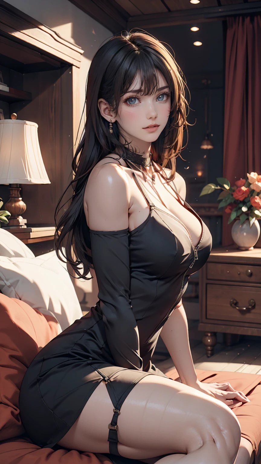 24 year old Caucasian female、Sexy proportions、Sexy、Luxury halter neck zip slit off-the-shoulder tight knee-length dress、courtesan