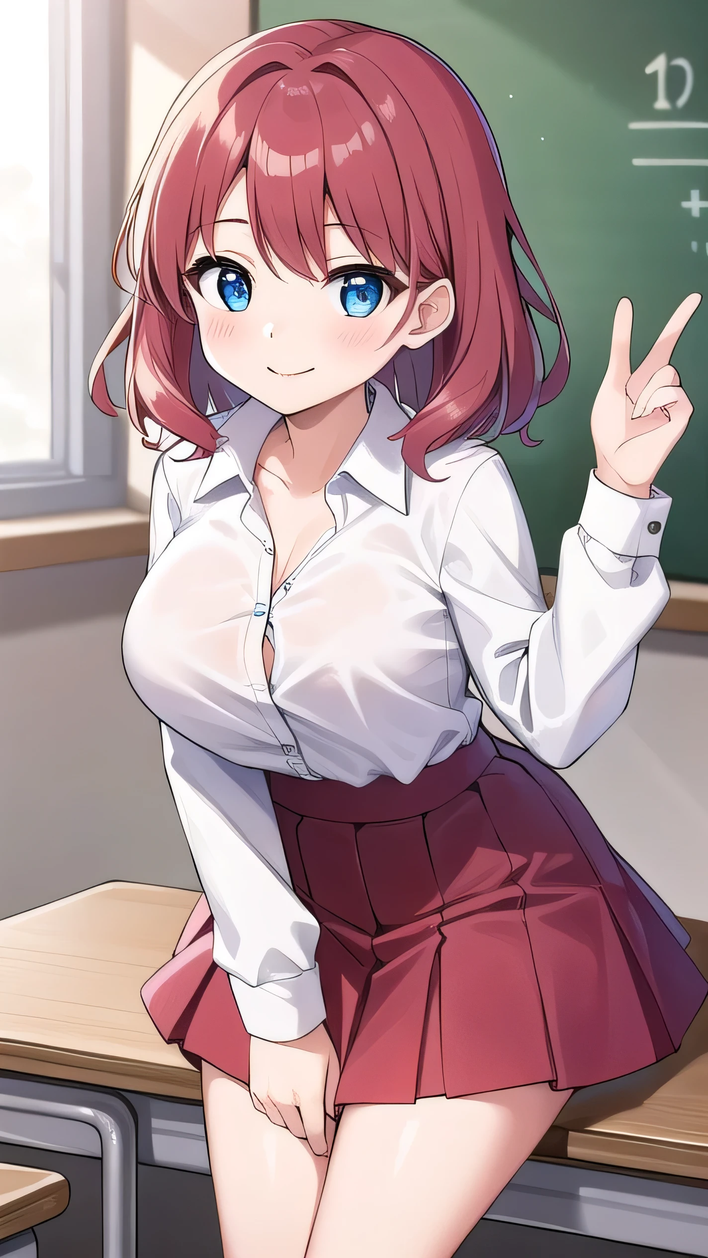 Big breasts, red hair, blue eyes, droopy eyes, red jacket, long sleeves, navy skirt, , super big breasts, (medium hair: 1), baggy clothes, elementary school studentt, 10 years old, old, shy Agari, smiling a little, trtton his shirt the classroom, white shirt, soft hair，straight hair  , gentle smile, a little smile