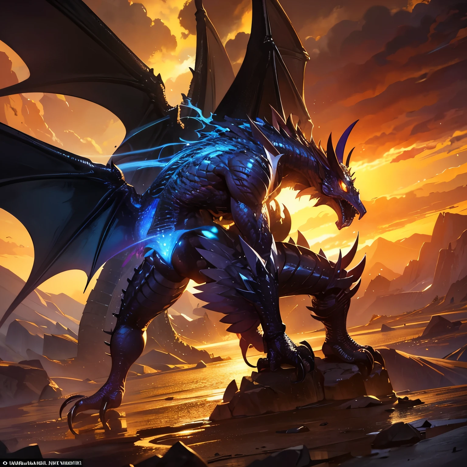 a new dragon-type digimon discovered in 2024, highly detailed, 4k, 8k, hyperrealistic, photorealistic, cinematic lighting, dramatic shadows, glowing eyes, dramatic pose, muscular body, intricate scales, glossy scales, powerful wings, sharp claws, detailed environment, lush foliage, mysterious atmosphere, vibrant colors