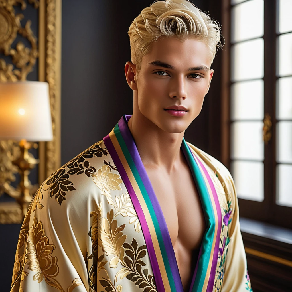 Candid Vogue fashion editorial photo of 2man, featuring a mixed male supermodel, aged 23 angel face like with an attractive and charming presence, short platinum blonde hair in an undercut hairstyle, masculine appearance with slender physique, small pectorals, symmetric face, natural olive skin tone exudes youthfulness and athleticism, he is very photogenic man,
Position him against an ornate dark background featuring a framed floral painting to add depth and richness to the scene, (He wears an open luxurious white and rainbow patterned suit whit short pants), revealing a hint of his semi hard bulge, His expression is serene and slightly introspective, with a soft, confident gaze directed slightly off-camera, Utilize natural soft lighting streaming in from a window, casting gentle highlights and shadows that accentuate the contours of his face and the texture of his robe, The light creates a warm intimate atmosphere with a golden tone that enhances his skin and the robe, The interplay of light and shadow adds depth and dimension to the scene, slightly blurred focus background, bringing him into sharp clear detail while the rich tones of the background enhance the overall opulence of the image.
Capture full-body short, dynamic angle, using a Canon EOS R7 and Sigma AF 85mm F1.4 EX DG HSM lens by Thomas Synnamon, Employ a shallow depth of field to focus closely on his face and body while softly blurring the background, Draw inspiration from high-fashion photographer, emphasize detail, texture and a sophisticated luxurious atmosphere, Emphasize the golden warm lighting and its effect on enhancing his features and the robe's rich textures, creating a visually captivating and elegant portrait that exudes warmth and sophistication,
