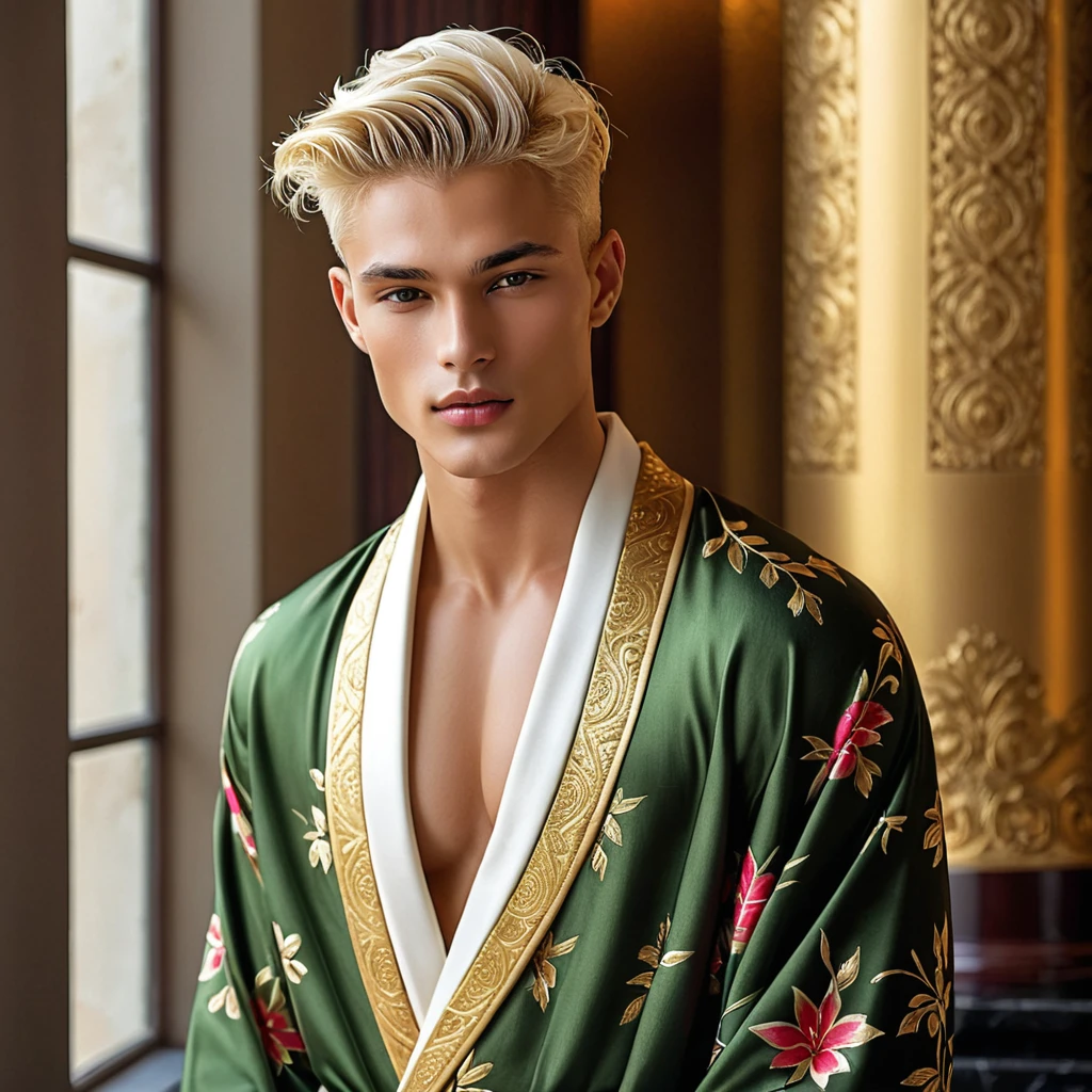 Candid Vogue fashion editorial photo  of 2man, featuring a mixed male supermodel, aged 23 angel face like with an attractive and charming presence, short platinum blonde hair in an undercut hairstyle, masculine appearance with slender physique, small pectorals, symmetric face, natural olive skin tone exudes youthfulness and athleticism, he is very photogenic man,
Position him against an ornate dark background featuring a framed floral painting to add depth and richness to the scene, (He wears an open luxurious white and rainbow patterned suit whit short pants), revealing a hint of his semi hard bulge, His expression is serene and slightly introspective, with a soft, confident gaze directed slightly off-camera, Utilize natural soft lighting streaming in from a window, casting gentle highlights and shadows that accentuate the contours of his face and the texture of his robe, The light creates a warm intimate atmosphere with a golden tone that enhances his skin and the robe, The interplay of light and shadow adds depth and dimension to the scene, slightly blurred focus background, bringing him into sharp clear detail while the rich tones of the background enhance the overall opulence of the image.
Capture full-body short, dynamic angle, using a Canon EOS R7 and Sigma AF 85mm F1.4 EX DG HSM lens by Thomas Synnamon, Employ a shallow depth of field to focus closely on his face and body while softly blurring the background, Draw inspiration from high-fashion photographer, emphasize detail, texture and a sophisticated luxurious atmosphere, Emphasize the golden warm lighting and its effect on enhancing his features and the robe's rich textures, creating a visually captivating and elegant portrait that exudes warmth and sophistication,
