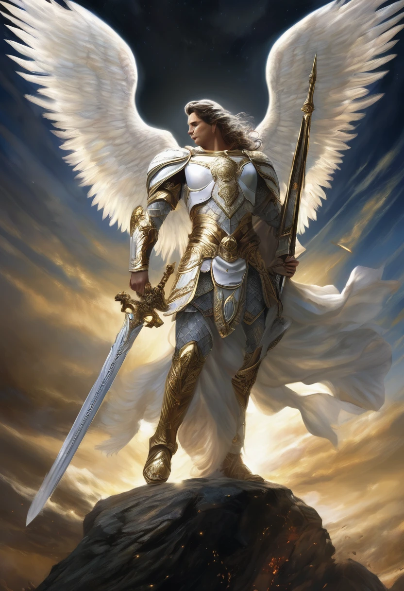 Arched over the charred battlefield of eternity, Archangel Michael reveals his majestic figure, Clad in white porcelain armor that pulses with ethereal light. With mighty wings spread, His sword shines, making their way through the darkness as waves of malevolent creatures tear apart in their wake. A fierce determination fills his otherworldly eyes as he symbolizes the tireless spirit of cosmic justice., A beacon of hope for all kingdoms.