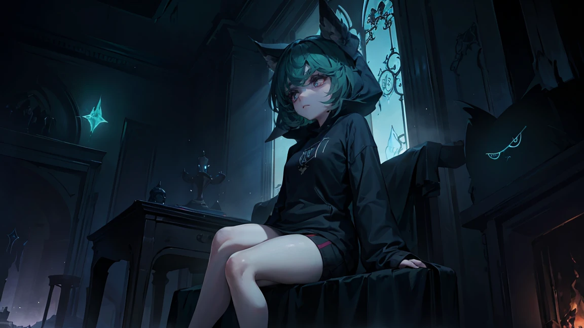 girl, large black sweatshirt, sitting posture, calm look, Sitting in front, legs open, a dark room, evil eyes, glowing skin, Looking ahead, facial expression