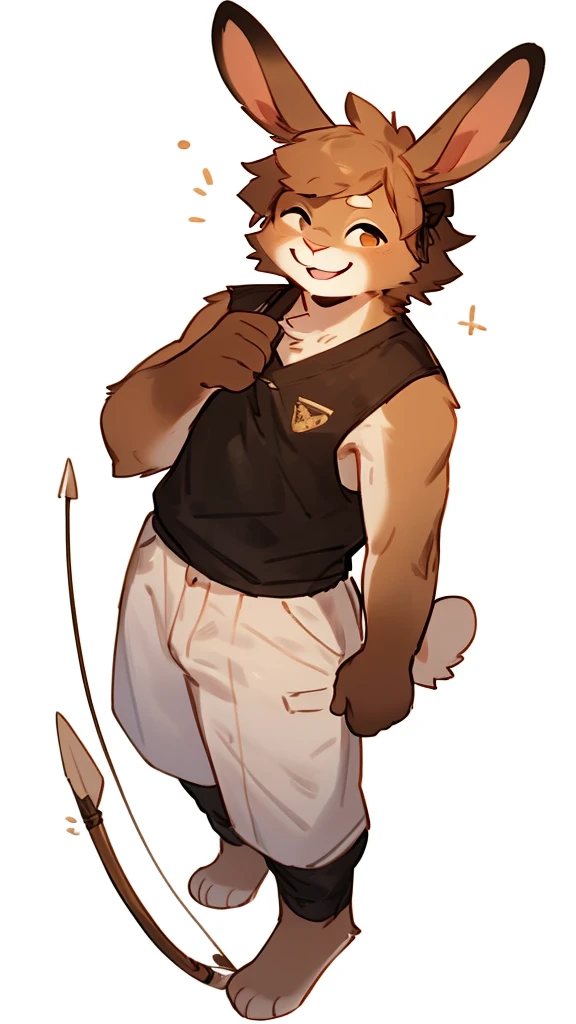 By bebebebebe, by lostgoose, by goonie-san, solo,aiming with bow and arrow,boy, rabbit, sexy, hair, smiling, happy, full body, 