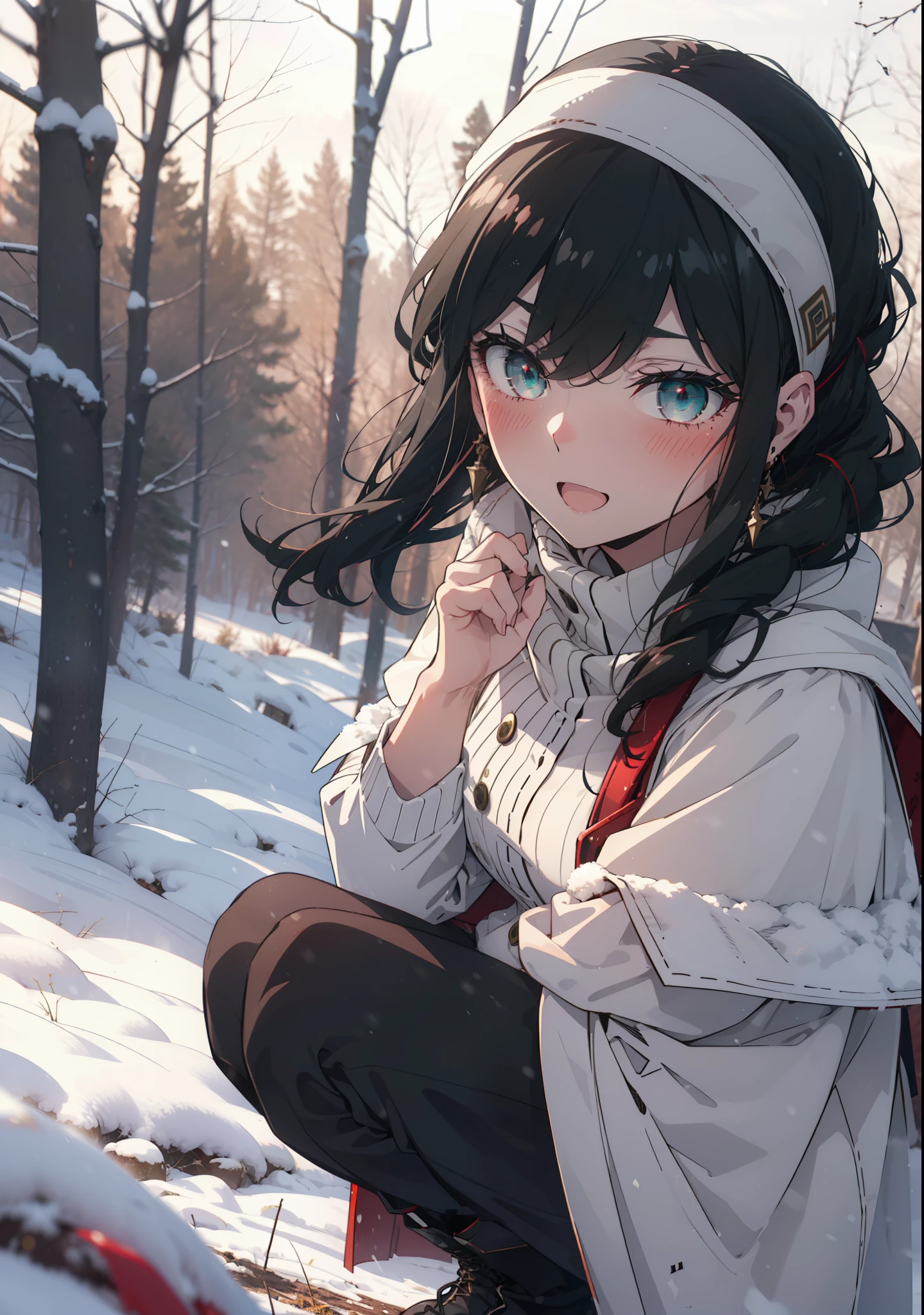 Your thorns, One Girl, blush, Black Hair,Red eyes, hair band, jewelry, Earrings, happy smile, smile, Open your mouth,
Open your mouth,snow,Ground bonfire, Outdoor, boots, snowing, From the side, wood, suitcase, Cape, Blurred, Eat food, forest, White handbag, nature, Squat, Mouth closed, フードed Cape, winter, Written boundary depth, Black shoes, red Cape break looking at viewer, Upper Body, whole body, break Outdoor, forest, nature, break (masterpiece:1.2), Highest quality, High resolution, unity 8k wallpaper, (shape:0.8), (Beautiful and beautiful eyes:1.6), Highly detailed face, Perfect lighting, Highly detailed CG, (Perfect hands, Perfect Anatomy),