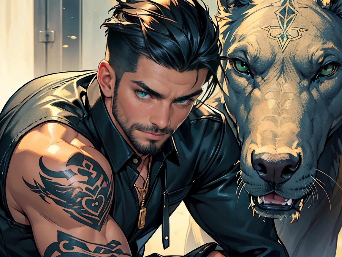 Close-up, Extremely detailed face. Quality (masterpiece1.2), (Best quality), (Intricate details)Male, 6'5, white, built, has big veiny hands. Tattoos that cover his neck, chest, arms, and back. He has well-trimmed  hair, tan from the sun, groomed body hair on his arms and chest leading to a happy trail, Black hair that is short at the sides and longer at the top, Well-kept, Handsome, thin lips, sharp, defined, square jaw. Dimples, slightly crooked nose. Green eyes with hints of gold in the center. Long eyelashes. Wearing blue jeans, black button-up, silver dog tags, black leather riding boots