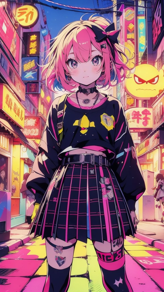 Tattos, A solo girl ager standing in a vibrant street filled with colorful graffiti, with several smiley faces and 'Bomma' badges on the walls, wearing church-inspired fashion. The scene is lively, with a hint of rebellion and urban culture. Cha Cha dancing in the background, neon lighting, vibrant colors, dynamic angle, high contrast, abasterpiece)), ((best quality)), ultra detailed,((illustration)), dynamic angle, detailed light, (delicate eyes), (ahoge:0.8),apathy, ray,frontage,style of anime4 k, 4k anime wallpaper, badass anime 8 k, 4 k comic wallpaper