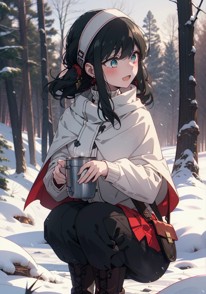 Your thorns, One Girl, blush, Black Hair,Red eyes, hair band, jewelry, Earrings, happy smile, smile, Open your mouth,
Open your mouth,snow,Ground bonfire, Outdoor, boots, snowing, From the side, wood, suitcase, Cape, Blurred, Eat food, forest, White handbag, nature, Squat, Mouth closed, フードed Cape, winter, Written boundary depth, Black shoes, red Cape break looking at viewer, Upper Body, whole body, break Outdoor, forest, nature, break (masterpiece:1.2), Highest quality, High resolution, unity 8k wallpaper, (shape:0.8), (Beautiful and beautiful eyes:1.6), Highly detailed face, Perfect lighting, Highly detailed CG, (Perfect hands, Perfect Anatomy),