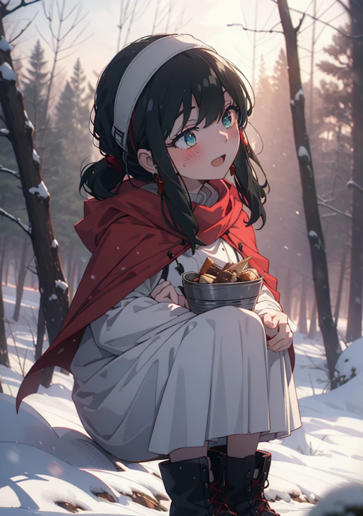 Your thorns, One Girl, blush, Black Hair,Red eyes, hair band, jewelry, Earrings, happy smile, smile, Open your mouth,
Open your mouth,snow,Ground bonfire, Outdoor, boots, snowing, From the side, wood, suitcase, Cape, Blurred, Eat food, forest, White handbag, nature, Squat, Mouth closed, フードed Cape, winter, Written boundary depth, Black shoes, red Cape break looking at viewer, Upper Body, whole body, break Outdoor, forest, nature, break (masterpiece:1.2), Highest quality, High resolution, unity 8k wallpaper, (shape:0.8), (Beautiful and beautiful eyes:1.6), Highly detailed face, Perfect lighting, Highly detailed CG, (Perfect hands, Perfect Anatomy),