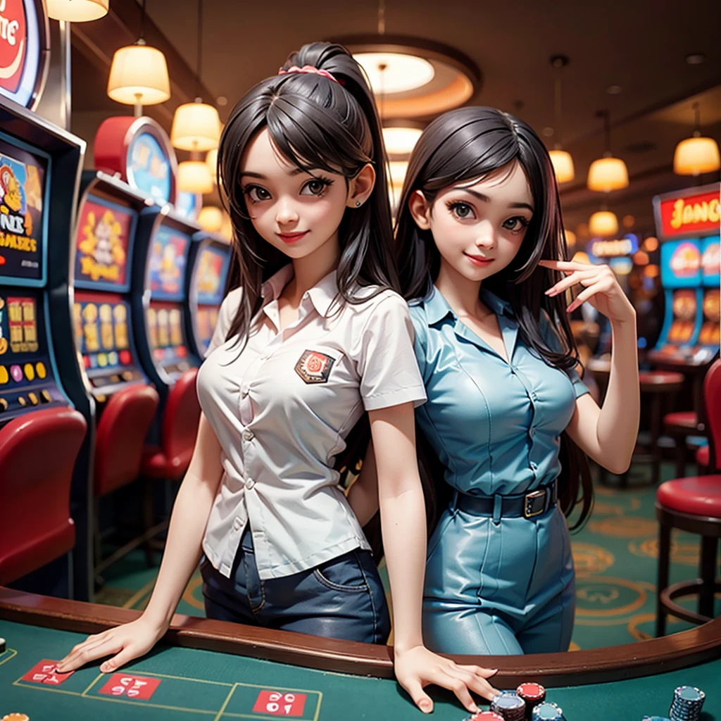 happy and smile, indonesian girl wearing high , gambling with slot machines, casino, standing and flirting you, looking at you, customer service