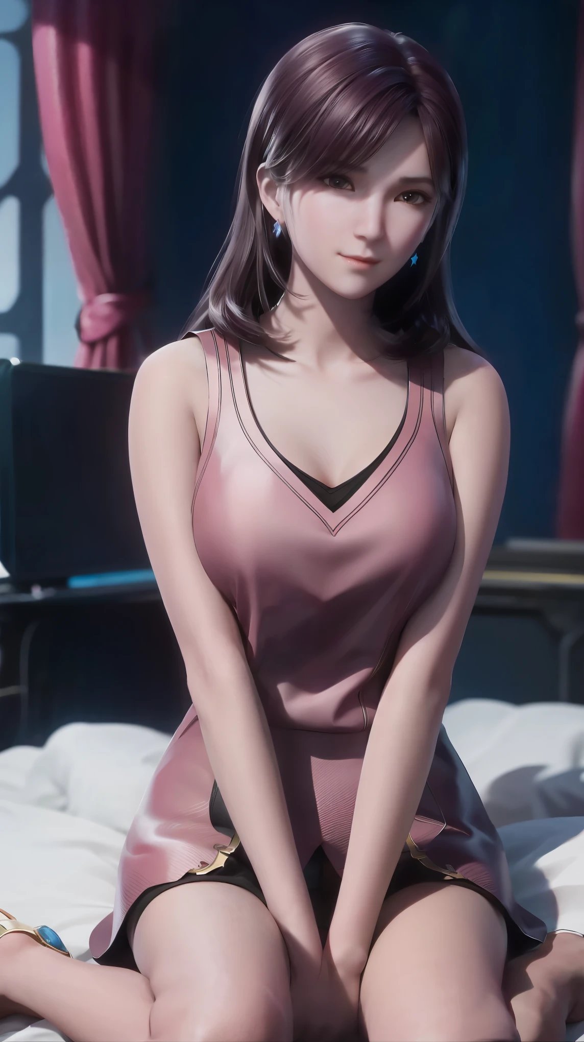 一个女孩Lying in bed，Wearing pink suspender pajamas，Face up，Raise your legs slightly，Front view super detailed beautiful big breasted girl . Ultra HD, 4K, 8K, Movie，whole body，Lying down，Long legs，Very big breasts，whole body捕捉，（（（Lying in bed））），（（（whole bodyLying in bed））），Pink bed，Off-shoulder，Shoulder-length skirt，Lying in bed，Sleeping on the pillow，Lying down，Headrest pillows，（（（平Lying in bed））），whole body平Lying in bed