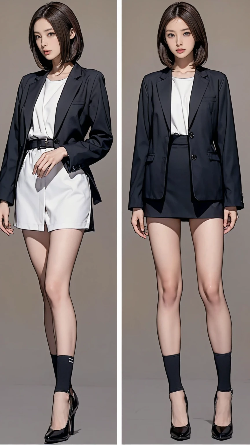 ((masterpiece)),(((Highest quality))),((Character design sheet)),Thin thighs,Long legs,Wearing a black jacket and white shirt、Japanese women leaving the nest,Emi with long black hair:1.3), (Light brown hair:1.3), high waist,Wear black high heels,background is gray,whole body