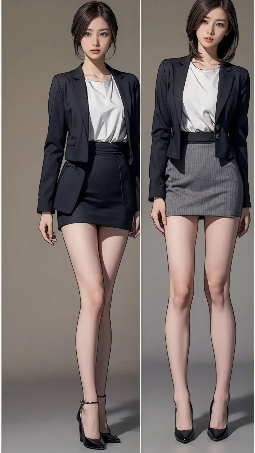 ((masterpiece)),(((Highest quality))),((Character design sheet)),Thin thighs,Long legs,Wearing a black jacket and white shirt、Japanese women leaving the nest,Emi with long black hair:1.3), (Light brown hair:1.3), high waist,Wear black high heels,background is gray,whole body