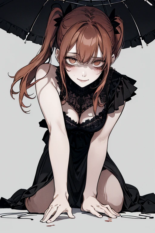 Top Quality, (Background Detail), On top of man, looking down, view from below, full body, spread legs, slip, high contrast, super beautiful girl, detailed original illustration, sensual, delicate face, attractive, bad girl, sexy, looking at camera, real breasts, twintails, stalker, Crazy Smile, Crazy Eyes, Heads Up, Pale Skin, Bloody, Dark Hair, Yandere, Mine-ish, Lolita, Beautiful Line Drawing