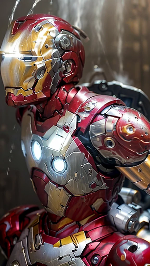 Middle-aged women　Sweaty face　Soaked Face　Painful expression　Steam coming out of the head　Humidity　Only the head is 　(( the Iron Man suit))　　Steam from the body