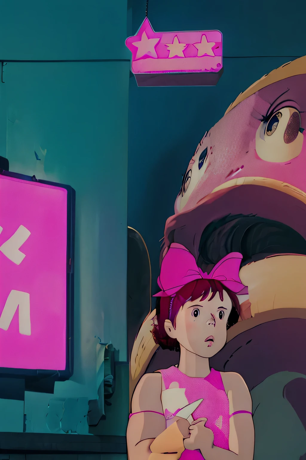 Two girls holding a pink star in their hands, in the background giant screens with video games in pink tones and a sign with the word starPixel studio